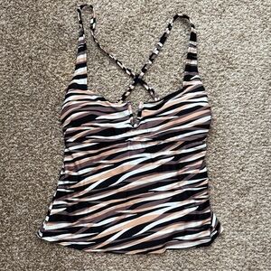 Striped Women's Top - Black, White, Tan swim tankini size large 🆕